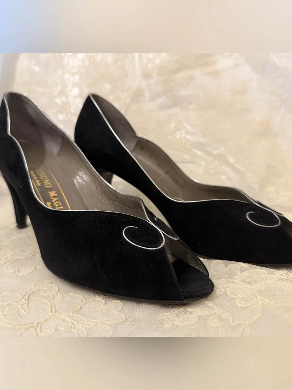 Bruno Magli Black Suede Peep-Toe Pumps with Silver Trim